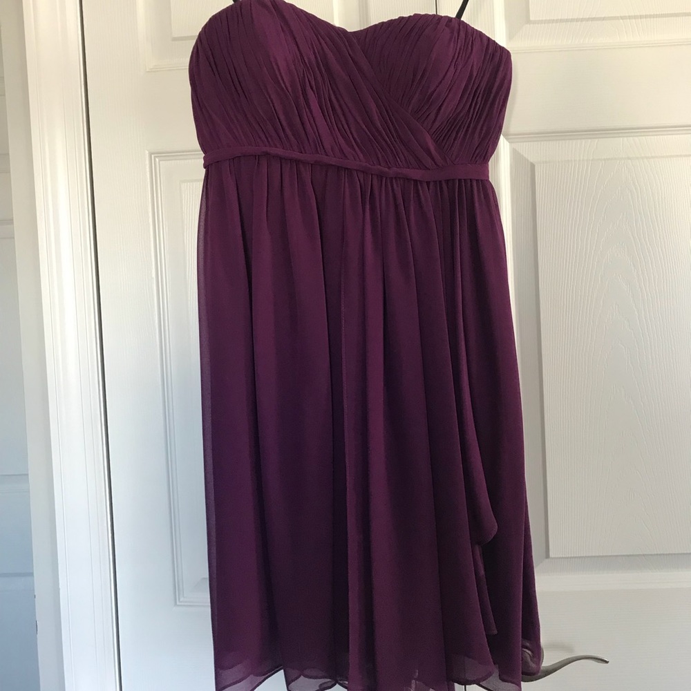 Strapless, knee length bridesmaid dress